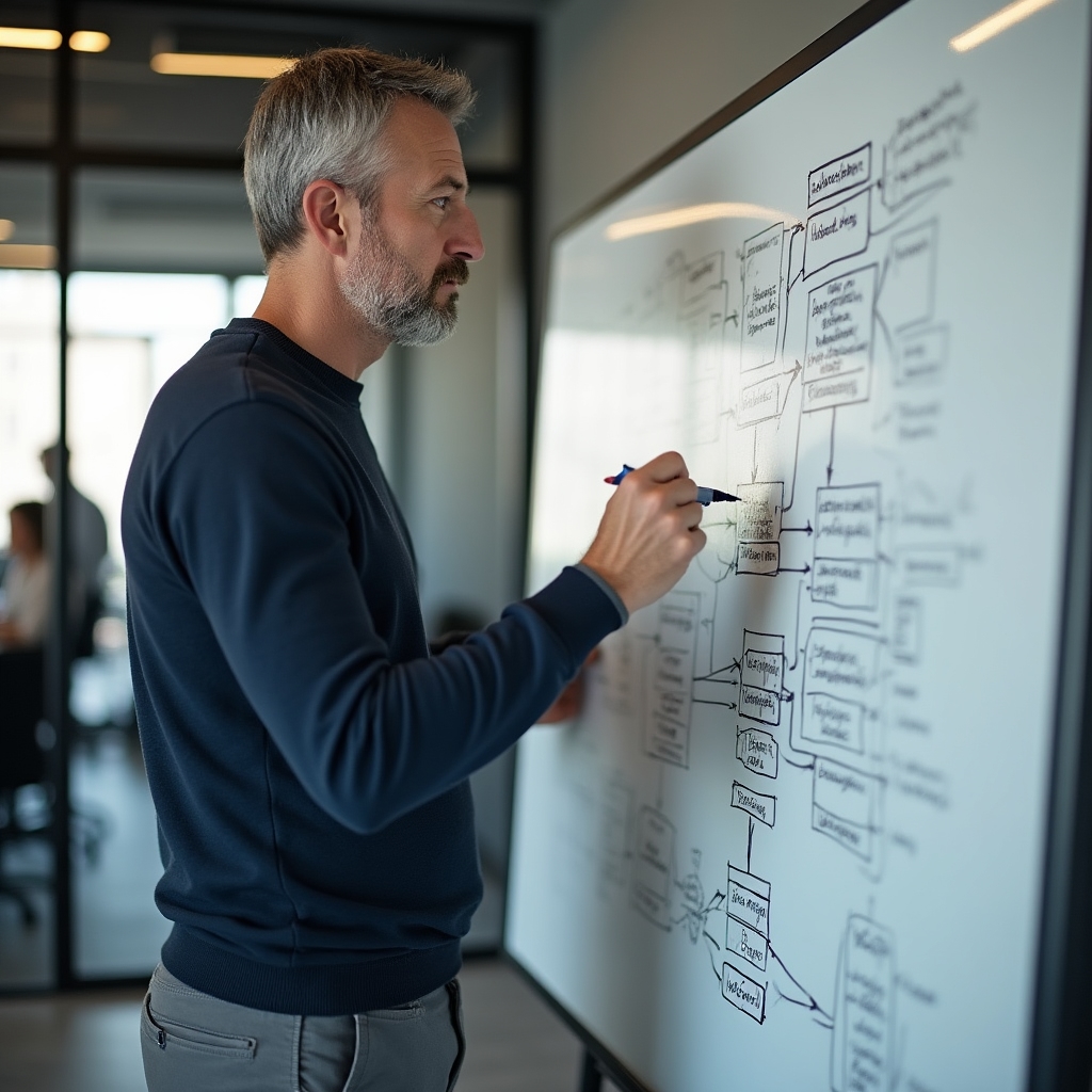 Analyse-Workshop mit Whiteboard, Führungskraft dokumentiert Prozessstruktur