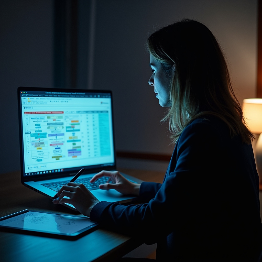 Digitale Workflow-Analyse auf Laptop, Bildschirm zeigt Prozessdiagramme und Aufgabenstrukturen