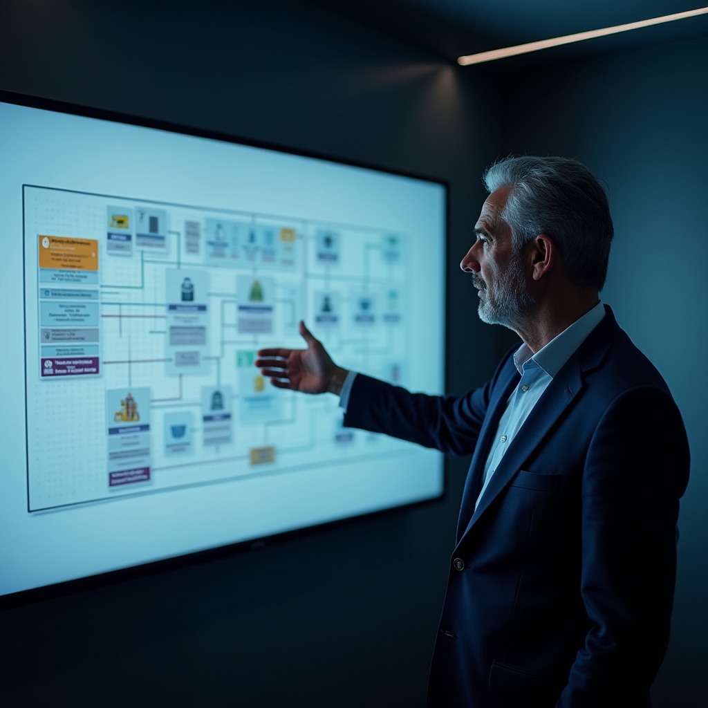 Methodische Diagrammarbeit, Coach erklärt Systemstruktur auf großem Bildschirm