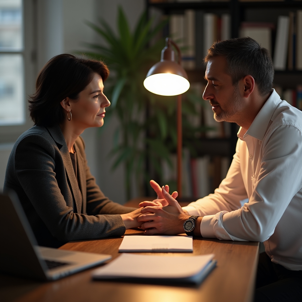 Einzelcoaching-Gespräch in ruhiger Büroatmosphäre, Coach und Klient im konzentrierten Dialog
