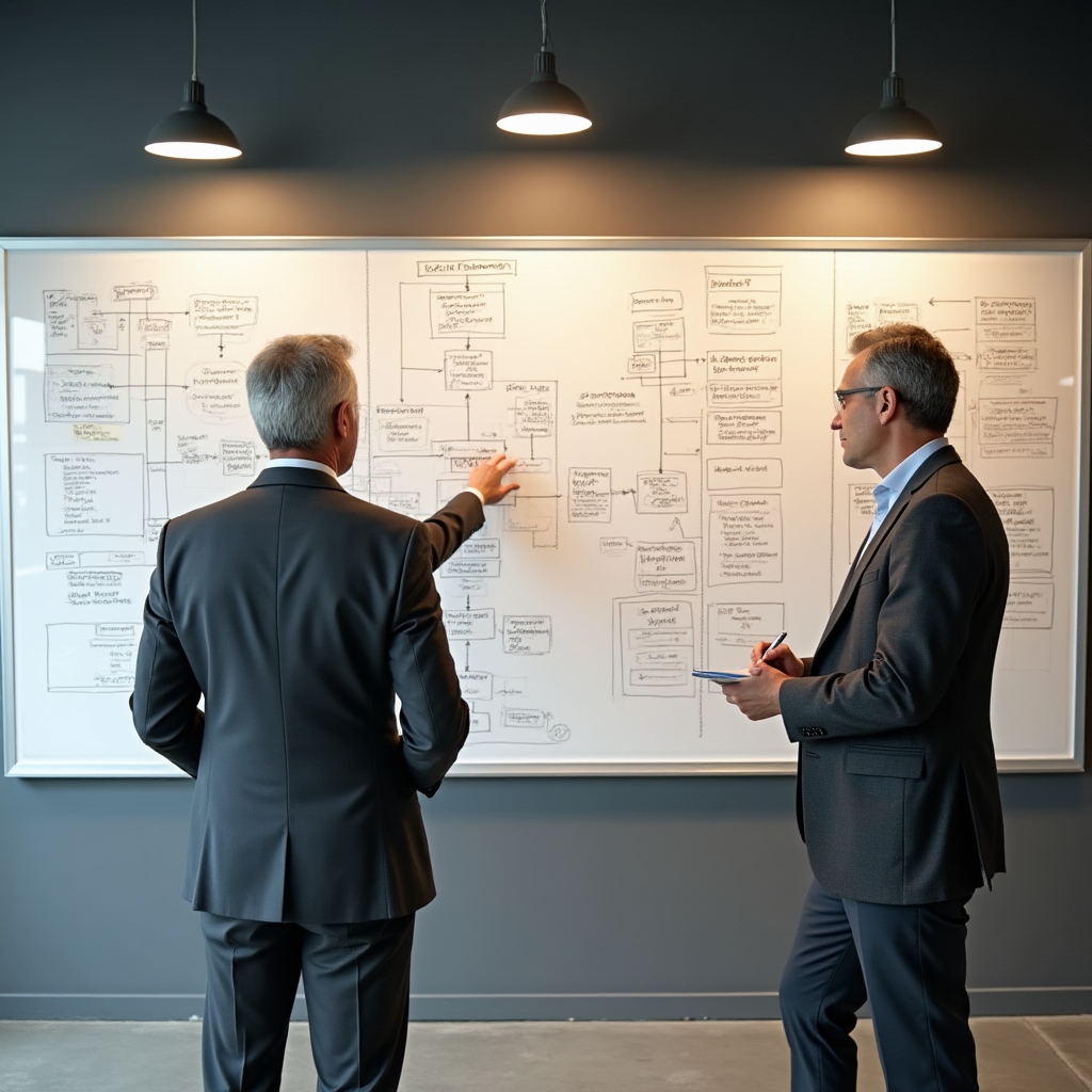 Strategische Planungssitzung in modernem Münchner Büro, Führungskräfte analysieren Prozessdiagramme